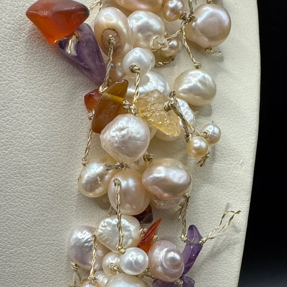Vintage Light Pink Dangle Pearl Amethyst  Quartz necklace 925 Sterling Layered